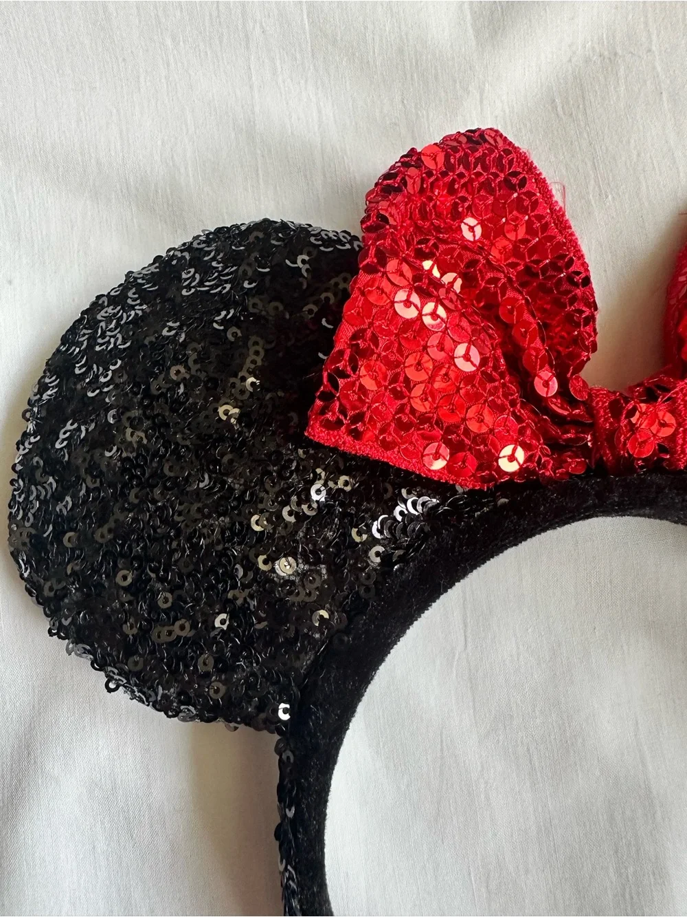 Official Disney Parks Sequin Minnie Ears Headband with Red Bow- Black & Red
